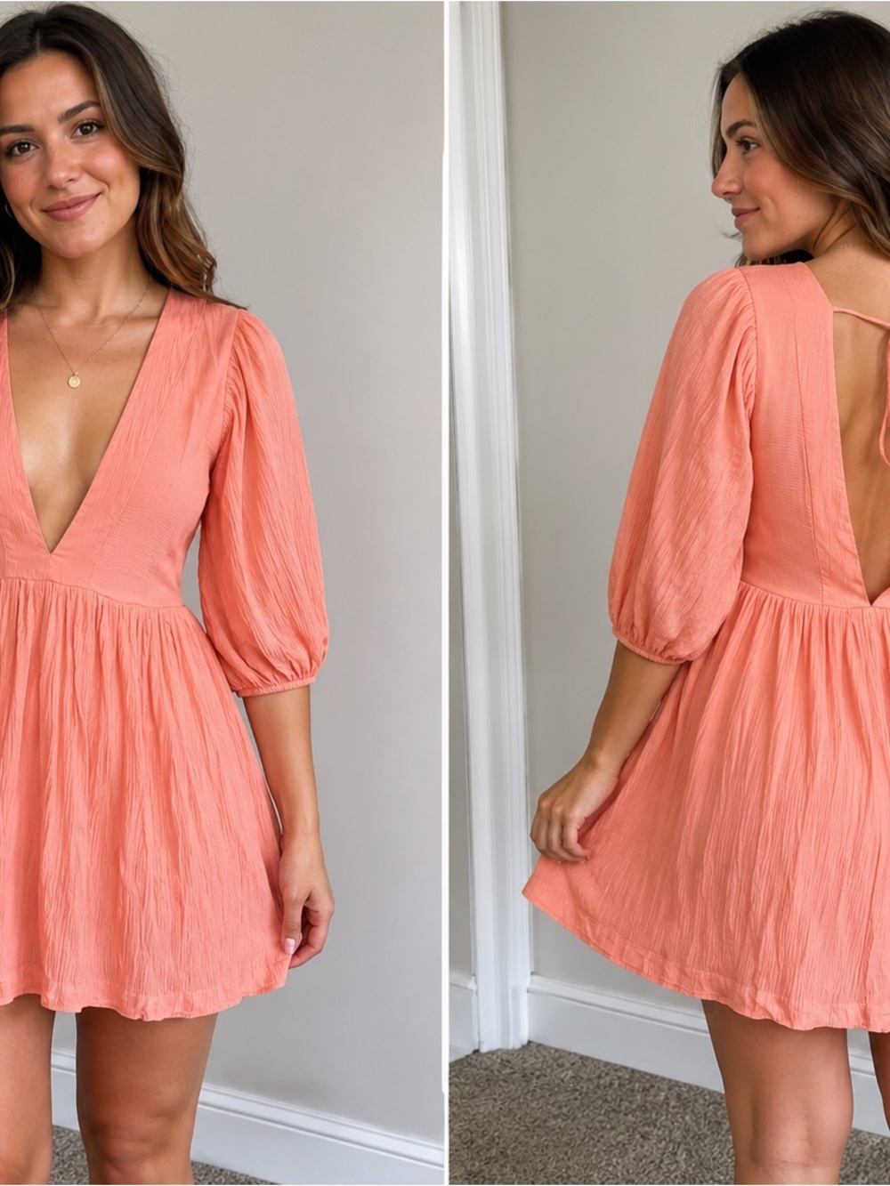 Vici Peach Colored Plunge V-Neck Puff Sleeve Mini Dress